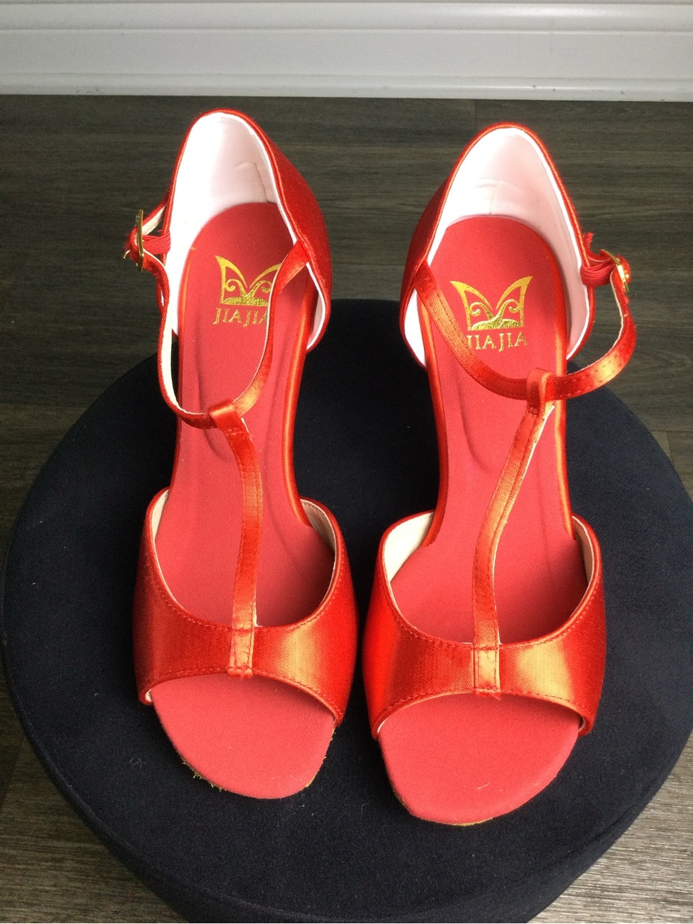 Red Satin T-Strap Women's Heels